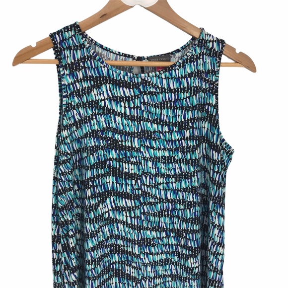 Vince Camuto tunic top s hi low sleeveless blue green black geo keyhole back - Picture 2 of 8